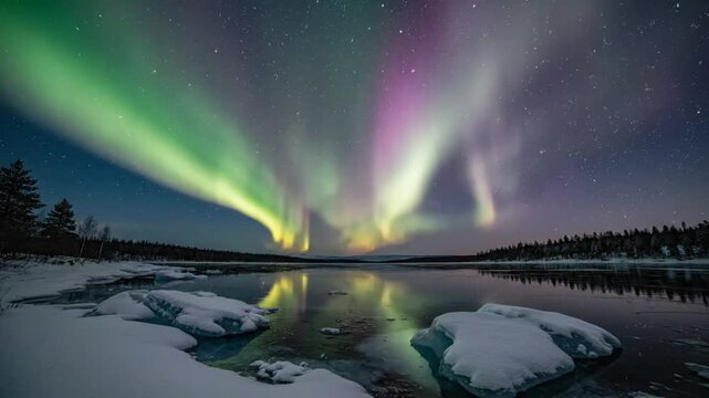Stunning timelapse of the aurora borealis dancing over a peaceful frozen lake with reflections of vibrant lights.