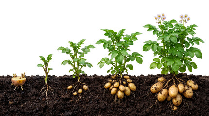 Obraz premium potato plant growth stage, growing process, timeline from seed to big mature plant, growing life cycle in soil of farm, white background, copy space