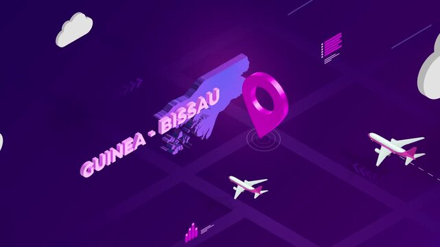 Isometric Design, Guinea-Bissau Map Silhouette Location Pin and Airplanes on Purple Animation, Travel Background