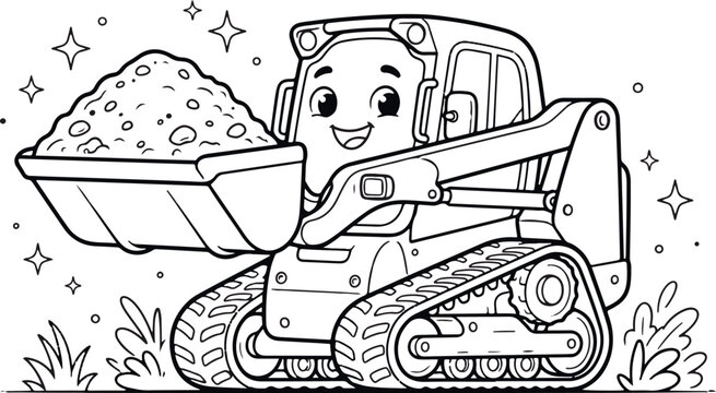 Cute cartoon skid steer loader with a happy face holding a bucket of dirt for kids coloring page