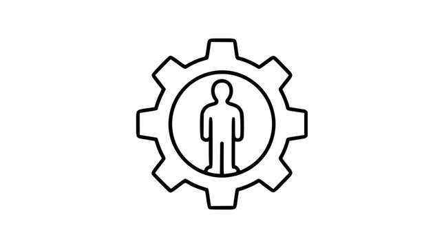 Human silhouette inside a gear cog vector icon illustration, minimalist design representing engineering, workforce, management, industry, technology, human resources, mechanics, and productivity.