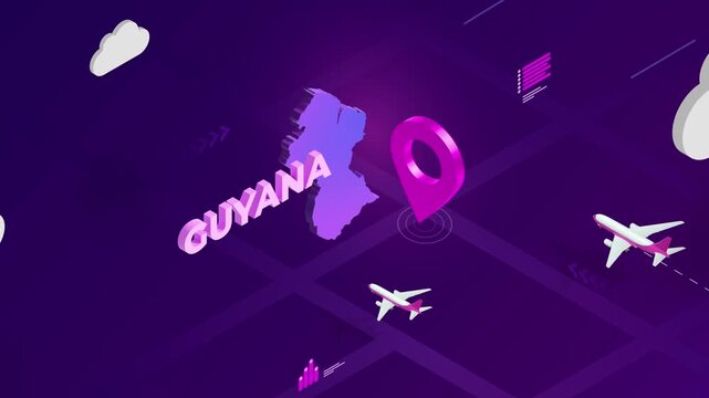 Isometric Design, Guyana Map Silhouette Location Pin and Airplanes on Purple Animation, Travel Background