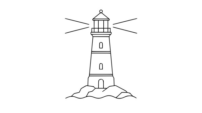 Minimalist lighthouse beacon vector icon illustration, simple black line art design of a coastal navigation tower on rocks with light beams, maritime safety symbol for travel and ocean, white