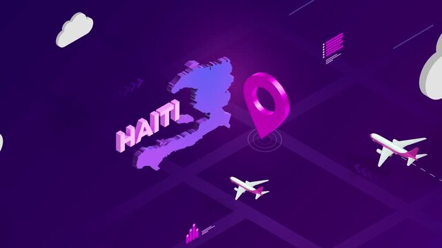 Isometric Design, Haiti Map Silhouette Location Pin and Airplanes on Purple Animation, Travel Background
