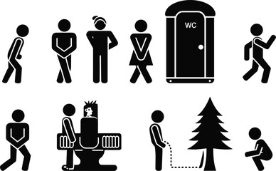 Stick figure icons depicting bathroom activities and a portable toilet pictogram