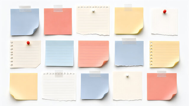Colorful sticky notes and torn paper scraps collection, pastel memo pads with adhesive tape and push pins, office reminder note templates isolated on White Background ai