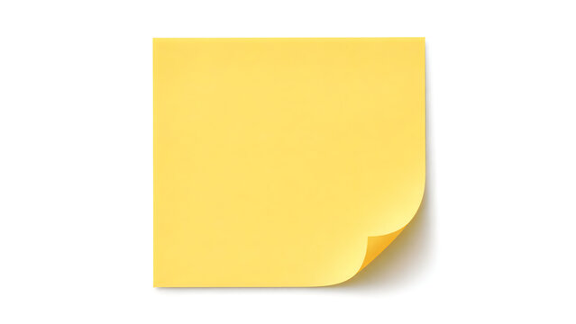 Yellow sticky note with curled corner, blank adhesive paper memo for office reminders, square post note pad sheet for business planning isolated on White Background ai