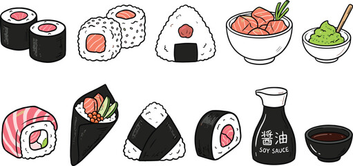 Japanese sushi and food vector illustration collection featuring maki, uramaki, onigiri, sashimi, wasabi, soy sauce and decorative culinary design elements © LaifurRahman