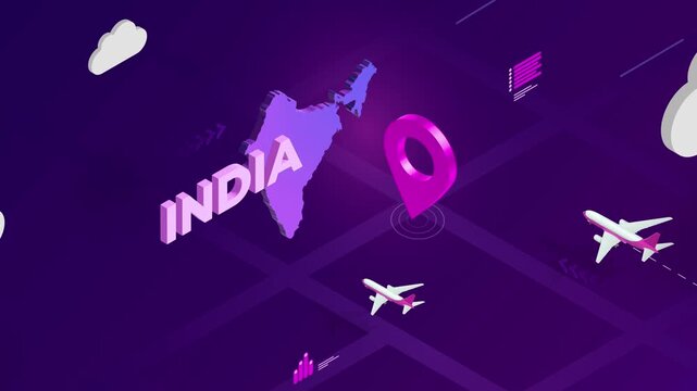Isometric Design, India Map Silhouette Location Pin and Airplanes on Purple Animation, Travel Background