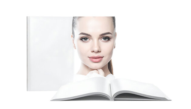 Young woman with perfect skin, gentle smile, looking at camera, with an open book and a blank magazine cover nearby