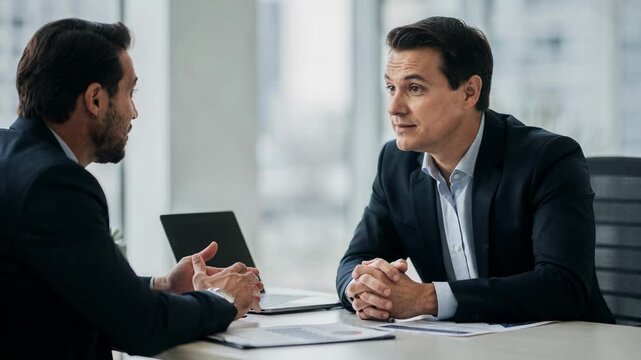 Medium shot of financial advisor explaining recourse factoring terms to client with focused gestures and blurred background to convey buyers credit control strategy.