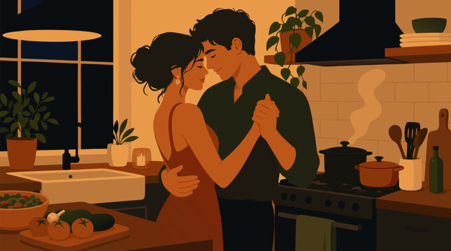 Tender couple slow dancing beside a glowing stove in a warm kitchen at night, vector illustration with simmering pots, fresh vegetables, hanging plants, candlelight and quiet romance