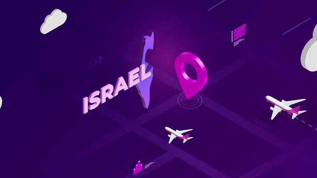 Isometric Design, Israel Map Silhouette Location Pin and Airplanes on Purple Animation, Travel Background