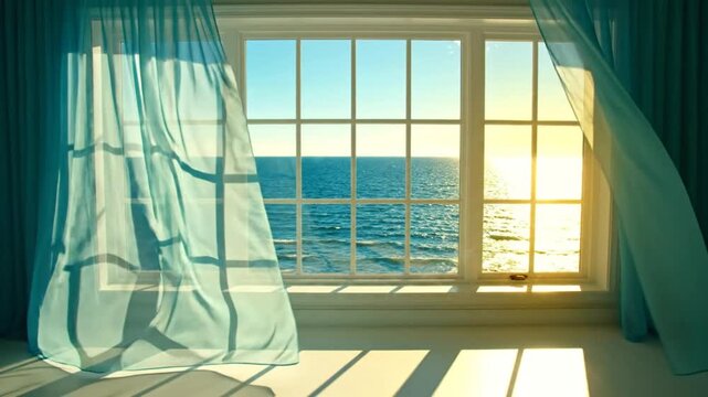 Tranquil ocean view through a bright window with swaying turquoise curtains and sunlight reflecting on the water