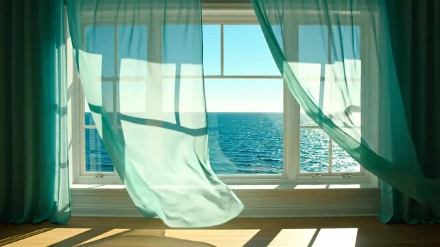Coastal dreamscape: Tranquil view of ocean waves through sunlit window with flowing teal curtains