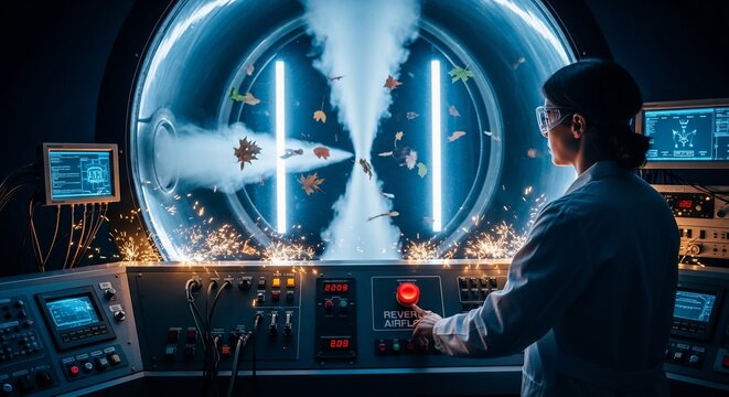 Scientist operating futuristic laboratory equipment
