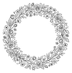 Obraz premium Vintage floral wreath vector illustration, hand drawn rose flower frame, elegant botanical circular border for wedding invitations and greeting cards