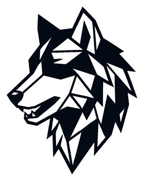 Geometric wolf head vector illustration, black and white low poly animal logo, stylized predator mascot for branding and apparel design
