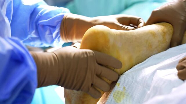 Gloved hands holding patient foot prepared with iodine. Two surgeons hold a yellow disinfected heel on a sterile operating table during a medical procedure.