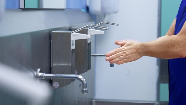Surgeon sanitizing hands before medical procedure. A person rubs their hands together next to stainless steel soap dispensers in a hospital room.