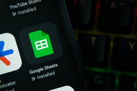Mountain View, United States - 24 July 2026: Google Sheets app page on Google Play Store is seen on a smartphone screen.