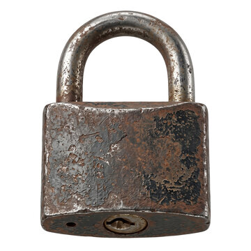 Rusty old metal padlock with weathered surface and secure shackle, vintage security object against transparent checkered background, corrosion.