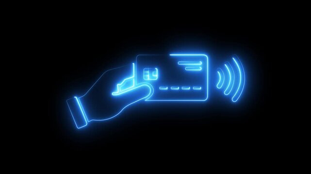 glowing neon Hand holding a contactless credit card icon for fast digital payment systems. Tap to Pay, Cashless Transaction, Mobile Banking, Fintech Motion Graphics..