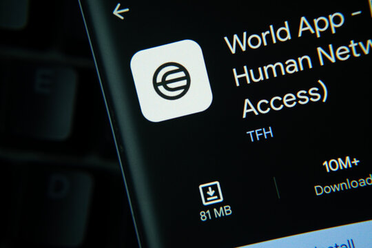 San Francisco, United States - 24 July 2026: World App page on Google Play Store is seen on a smartphone screen.