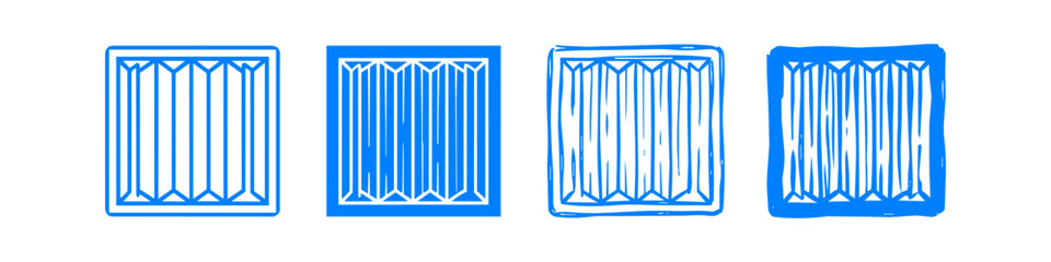 Fototapeta premium Set of four blue hand-drawn air filter icons in different sketch styles. Ideal for HVAC maintenance, clean air concepts, and industrial ventilation systems.
