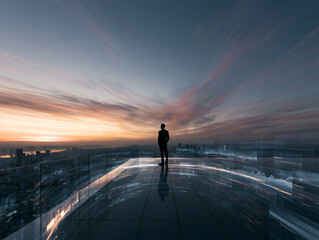 Plakat Businessman looking at a futuristic city from a rooftop, isolated on transparent background, dusk