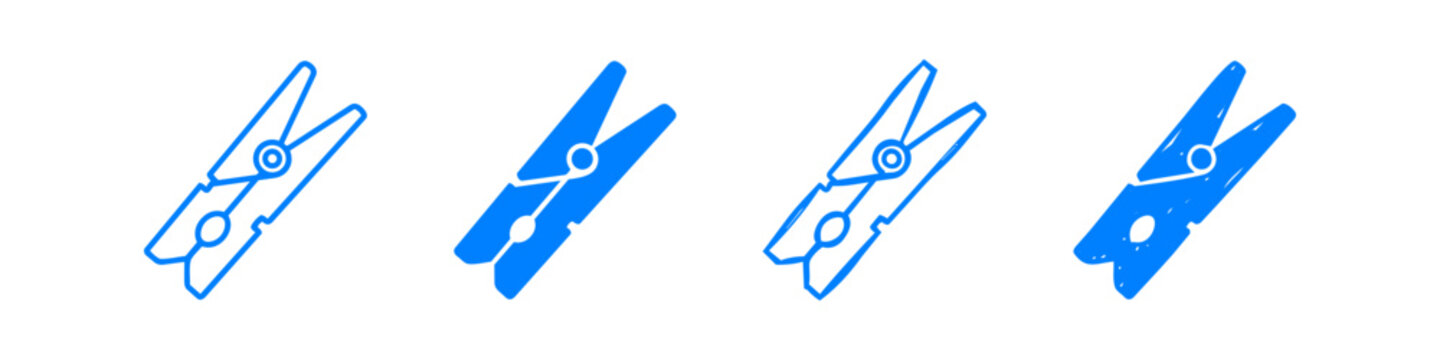Blue clothespin icon set in outline, solid, and sketched styles. Isolated vector for laundry and home concepts.