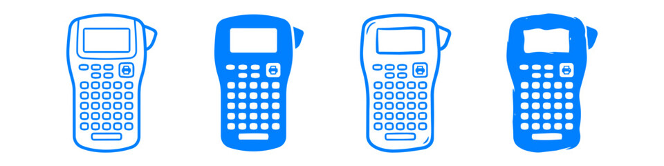 Set of four blue handheld label maker icons in outline, solid, and hand-drawn styles. Ideal for office, warehouse, and organization designs. © Nort Kor