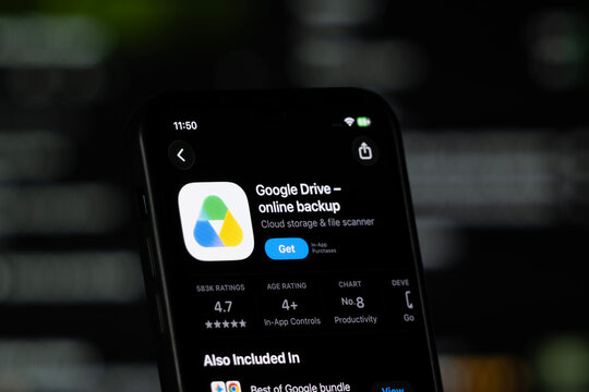 San Francisco, United States - 11 July 2026: App Store page of the Google Drive app is seen on a smartphone screen.