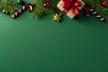 Green Christmas background with wrapped gift, candy canes and pine decorations for holiday greetings © ActionGP
