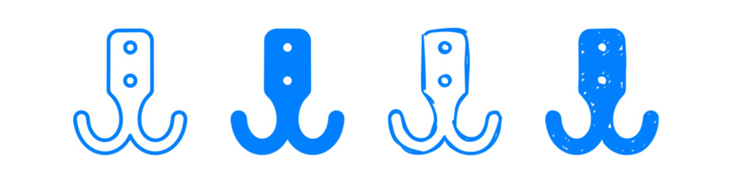 Set of four blue double coat hook icons in various styles, including outline, solid, and hand-drawn versions, perfect for home organization and interior design concepts.