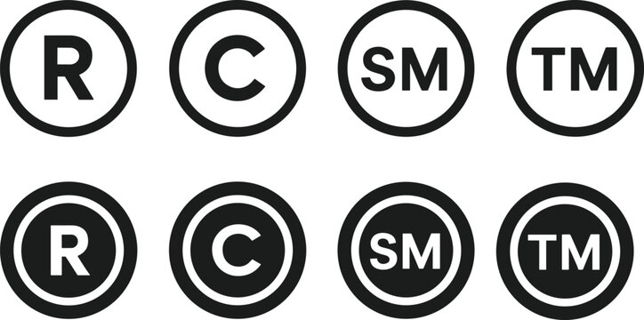 Eight black and white trademark and copyright symbol icons registered service mark