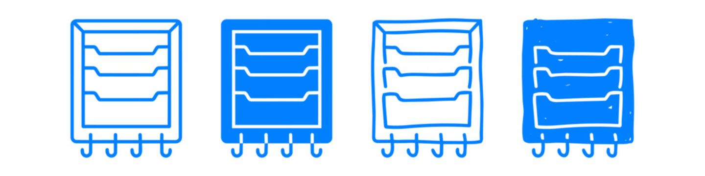 Set of four blue hand-drawn wall mail organizer icons with key hooks. Sketched office storage and home entryway document holders in a doodle style on a white background.