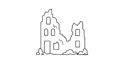 Fototapeta premium Hand-drawn vector illustration of crumbling abandoned ruins with broken windows and architectural details. Minimalist line-art icon depicting deteriorated building structure for design and historical