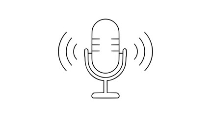 Clean line art vector icon illustration featuring vintage microphone with surrounding sound waves radiating outward for audio recording broadcast podcast media communication concept design © Abdullah