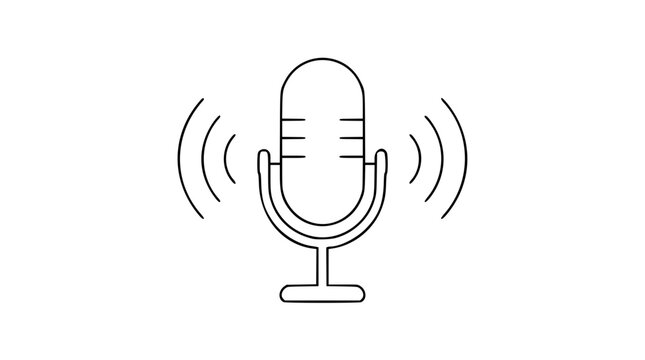 Clean line art vector icon illustration featuring vintage microphone with surrounding sound waves radiating outward for audio recording broadcast podcast media communication concept design