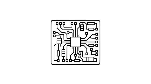 Circuit Board Microchip Icon Vector Illustration. Minimalist hand-drawn outline style electronic processor symbol with central chip and connection lines for technology interface design applications.