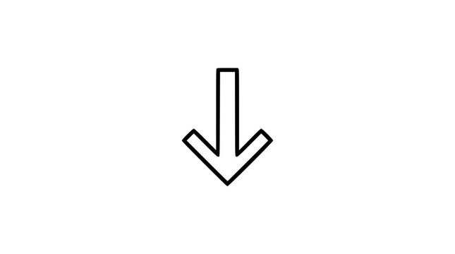 Minimalist vector icon of downward arrow, clean line art outline, direction indicator for UI and navigation design, scalable black and white illustration for dropdown menus and scroll functions