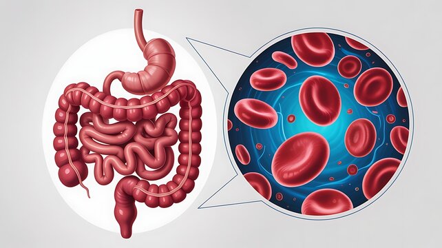 Human digestive system with close up of blood cells