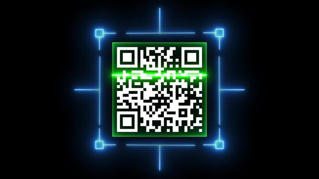 QR Code Scanner Animation on black screen. Futuristic barcode quick-response code scanning Bar. Scanning QR code