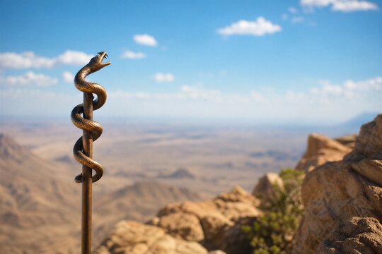 Serene moment of the bronze serpent raised on a pole in the wilderness, symbolizing miraculous healing and divine faith, captured with shallow depth of field.