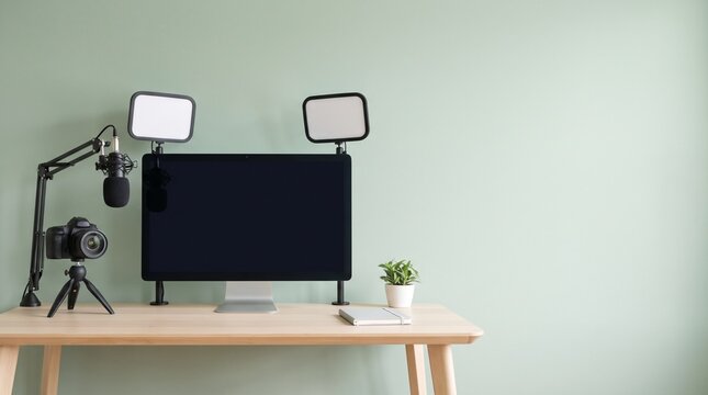 Modern Content Creator Workspace with Camera Microphone LED Lights and Blank Monitor for Thumbnail Design