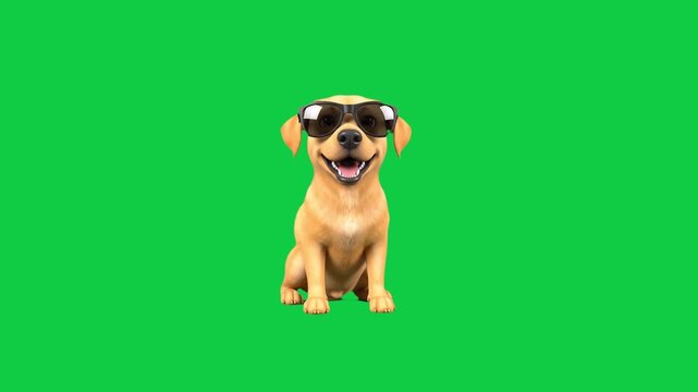 Cute Cartoon Puppy Dog Wearing Sunglasses Isolated on Chroma Key Green Screen Background Funny Character Mascot Animal 3D