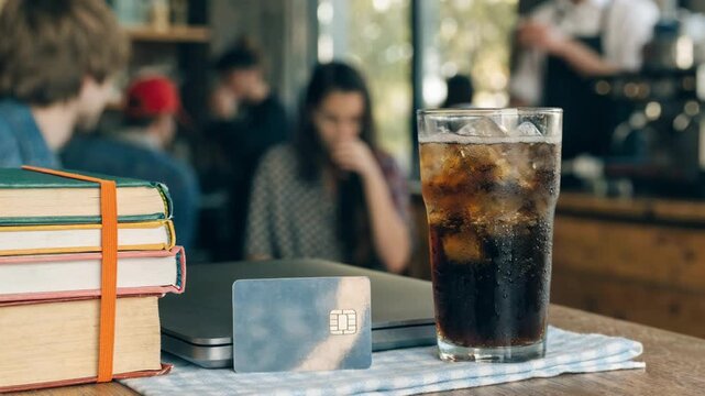 Clear shot of a lowlimit student credit card next to a closed laptop and textbooks at a busy campus caf&eacute; with blurred barista and patrons in the background.