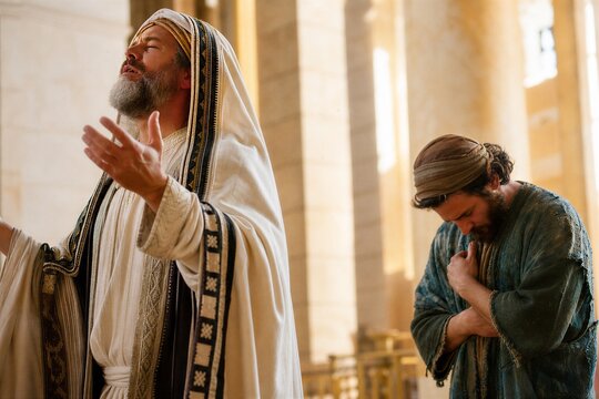 Dynamic Candid Snapshot: Pharisee and Tax Collector Praying Apart in a Luminous Ancient Temple