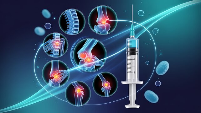 Medical syringe and joint pain treatment illustration